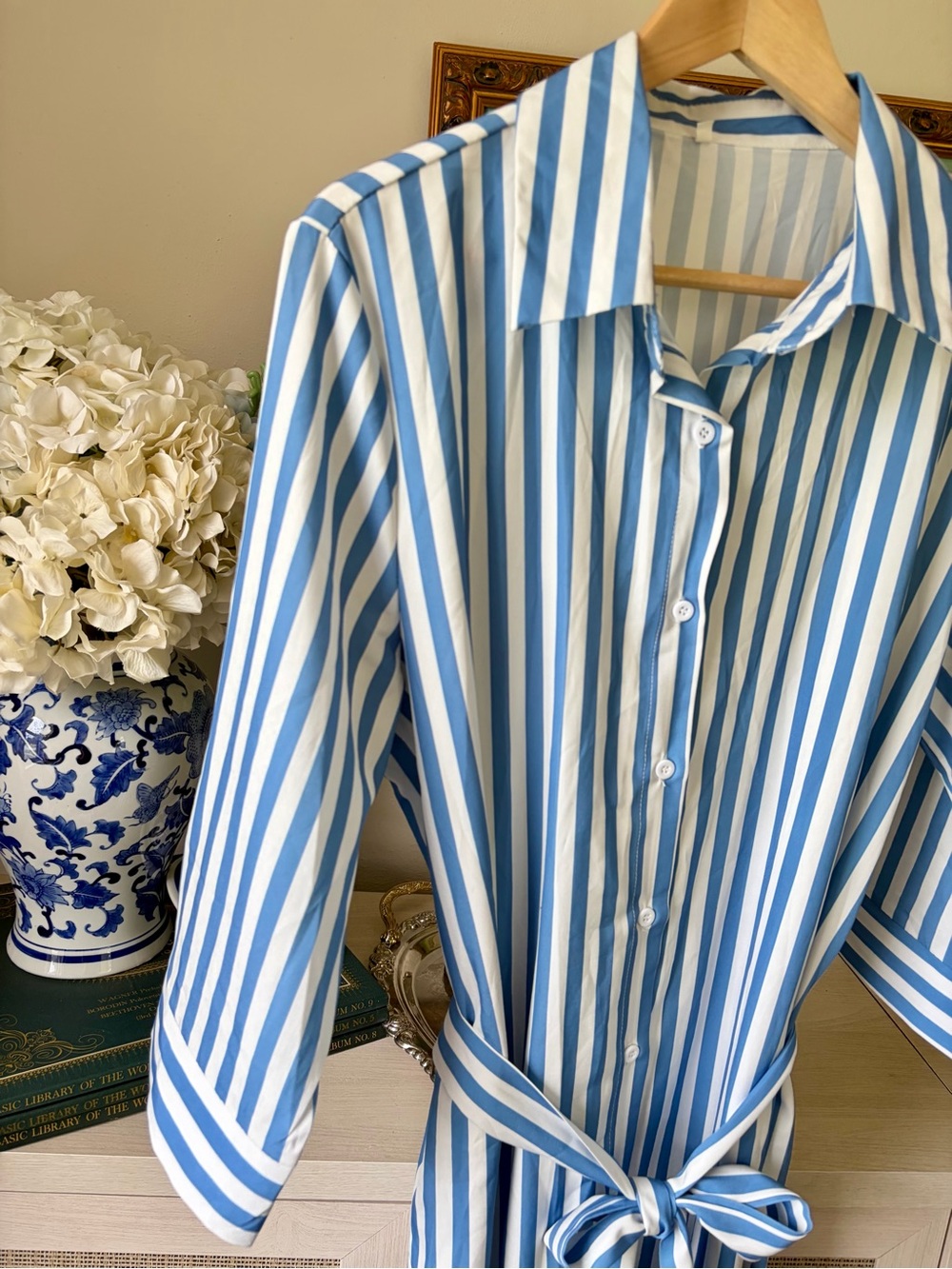 Striped Blue and White Tie-Waist Shirt Dress - Picture 3 of 10